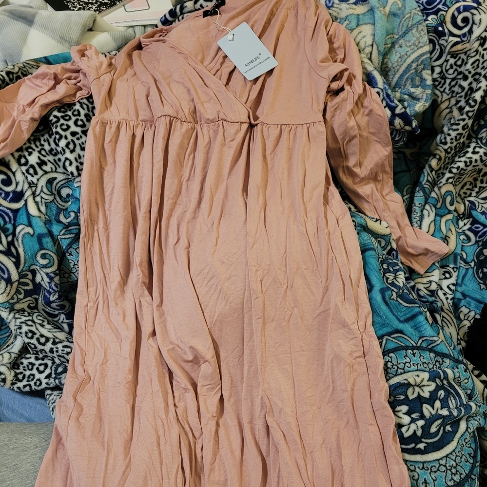 Aamilife Long Sleeve Draped Front Pink Maxi Dress BRAND NEW w/ TAGS!